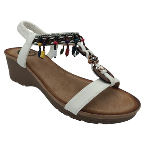 WOMAN KEY Sandalias Cuña para Mujer, Bohemio, Punta Abierta, Zapatos Casuales de Playa, Verano (BLANCO, Sistema tallas calzado EU, Adulto, Números, mediano, 36)