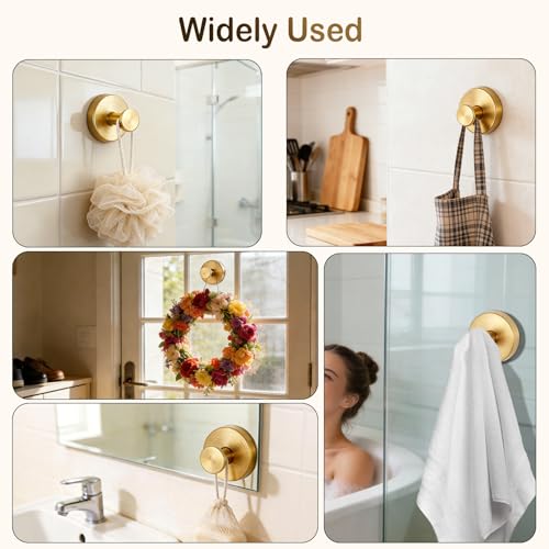 Heavy Duty Suction Cup Hooks for Inside Shower Outdoor & Pool - Waterproof No Drill Towel Robe Loofah Holder Wreath Hanger, Removable Shower Bathroom Hook for Tile Wall Glass Mirror (2 Pack, Gold) — view 2