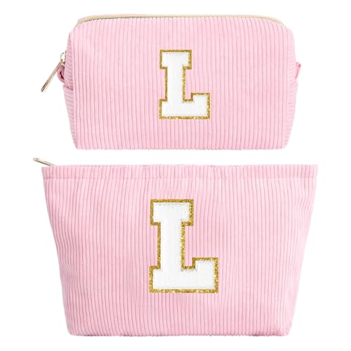 Kosmetiktasche Damen, Cord-Reise Schminktasche, Make Up Tasche Organizer mit Kulturtasche Tragbare Makeup Bag, Personalisierte Geschenke für Frauen Mädchen Rosa Kosmetiktasche mit Buchstaben L