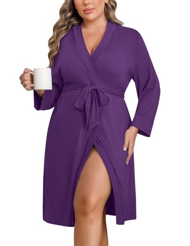Image of Ekouaer Women Plus Size Robe Knee Length Lightweight Bathrobe Short Kimono Robes with Pockets Maternity Robe