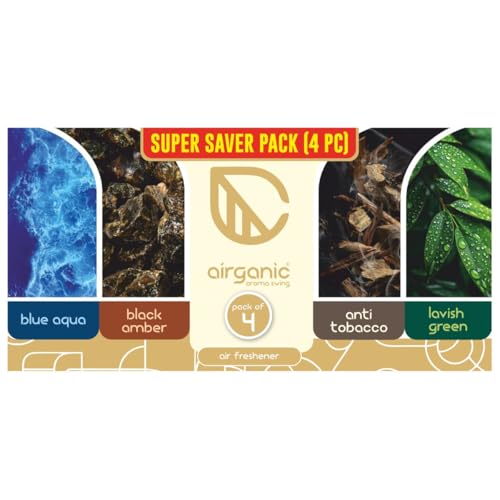 Image of Airganic Aroma Swing - Pack of 4 - Combo: Blue Aqua, Black Amber, Anti Tobacco & Lavish Green Car Perfume | Aroma Essential Oils in Glass Bottle with Wooden Diffuser Lid | Car Accessories 2025