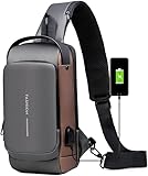 Mochila Masculina com Cadeado à Prova d'água Anti-roubo Bolsa de Ombro Transversal com Porta de Carregamento USB - YODHE… (Cinza c/Dourado)