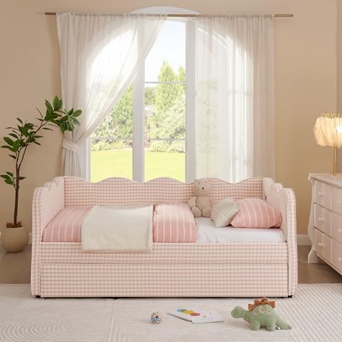 Image of KEIKI Twin Size Upholstery Gingham Daybed with Trundle and USB, Pink