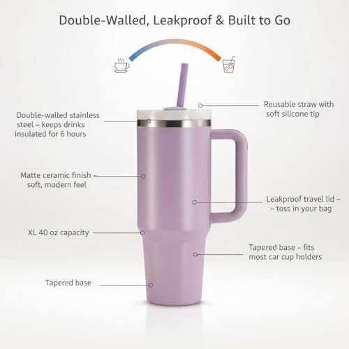 Image of KooK Stainless Steel Tumbler, with Straw and Handle, Leakproof, Vacuum Insulated Travel Coffee Mug, Reusable Double Walled Water Bottle, Keeps Hot or Cold, 40 oz, Lilac