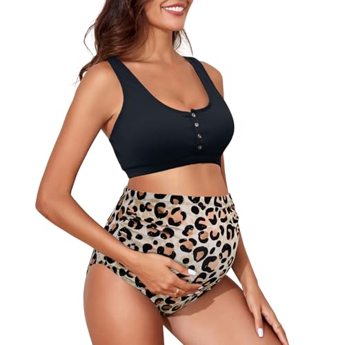 Century Star - Century Star Maternity Swimsuit High Waist Ribbed Two Piece Bikini Set Bathing Suit for Women Pregnancy Swimwear, Leopard, Medium
