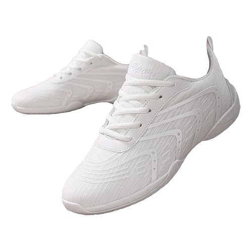 YSMIIH Women Cheerleading Dance Fashion Trainers Sneakers Lace Up Gym Athletic Sport Training Ventilate Line Fabric Fashion Sport Shoes(White,5.5