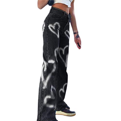 Women Patchwork Pants High Waist Slim Bootcut Denim Jeans Y2k Vintage Pencil Trousers Fashion Streetwear(A Heart c, M)