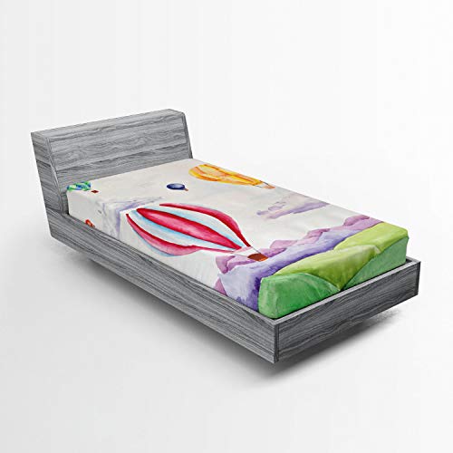 Ambesonne Watercolor 2 Pack Fitted Sheet, Hot Air Balloons Scene, Bed Cover All-Round Elastic Deep Pockets 2 Pieces, Package Contains 2 Twin Size Fitted Sheets, Multicolor