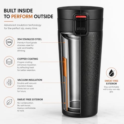 Image of Premium Stainless Steel Coffee Mug with Leak-Proof Lid - 300ml Vacuum Insulated Travel Tumbler for Hot & Cold Beverages, Double Walled Reusable Coffee Cup for Office, Home & Car (Black)