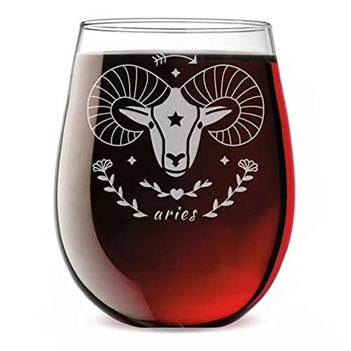 Aries Zodiac Astrological Sign Gift and Decor - Etched 17oz Stemless Wine Glass - cm01