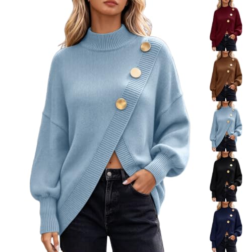 Mock Neck Sweater Women Asymmetric Hem Side Button Loose Fit Knit Pullover