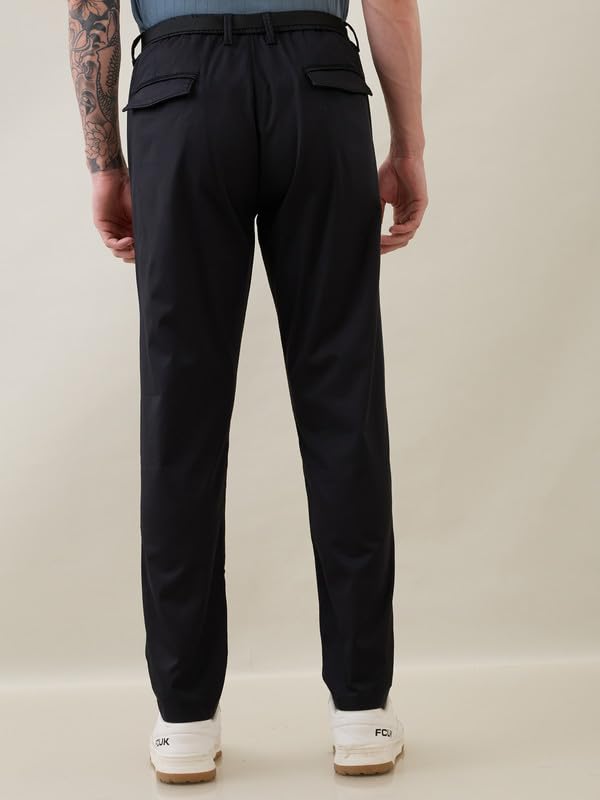Image of Nostrum Men's Smart-Casual Tapered Trousers for Men, Charcoal, Cotton Corduroy, Mid Rise, Regular Slim Fit with Adjustable Belt, Side and Back Pockets, Casual Wea
