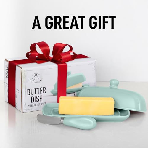 Image of Zulay Butter Dish With Lid For Countertop - Porcelain Mint, Ceramic Butter Dish with Knob Handle Great for Cooking - Elegant Design Butter Holder - Durable & Sturdy Butter Keeper - Mint