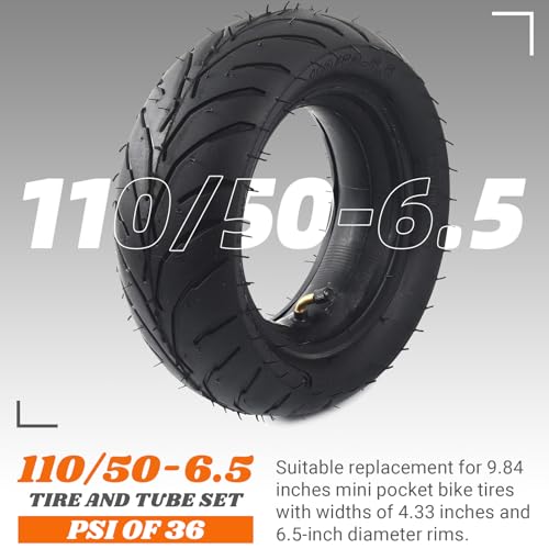 Image of (1 Set) Universal Replacement Rear 110 /50-6.5 Tire and Tube Set - Fits Most 38cc, 47cc, and 49cc Mini Pocket Bikes - Compatible with MTA1 /MTA2, GP-RSR, and More - Angled Valve Stem for Easy Inflation
