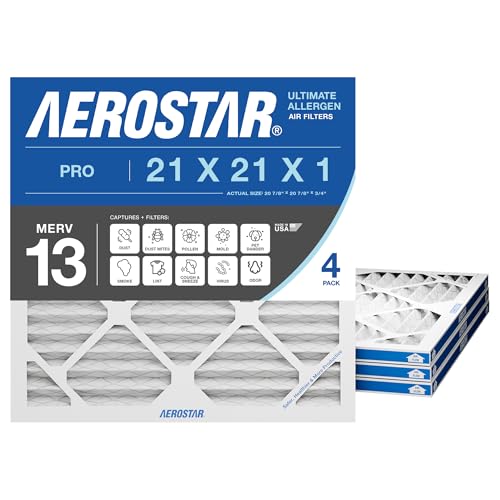 Aerostar 21x21x1 MERV 13-4 Count - Pleated HVAC Furnace & Air Conditioner Filters - Removes Bacteria Dust Cold & Flu Germs Lint Mold Pet Dander Allergy-Causing Pollen Smog Smoke & Viruses