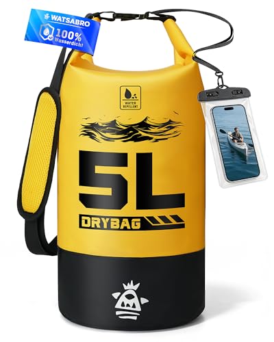 WATSABRO Dry Bag – 5L/10L/20L wasserdichte Tasche, Kratzfester Wasserdichter Rucksack, Inklusive 100% Wasserfeste Handyhülle – Ideal für Wassersportarten wie SUP, Kajak, Kanu sowie Strandurlaube