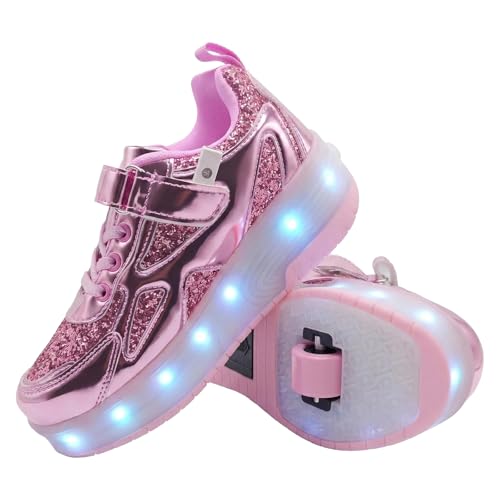 YTFCstep Kids Roller Skate Shoes 2-in-1 Light Up Sneakers with Removable Wheels - USB Rechargeable LED Beginner Roller Shoes for Girls Boys Indoor Outdoor Play (Pink/1.5 Big Kid)