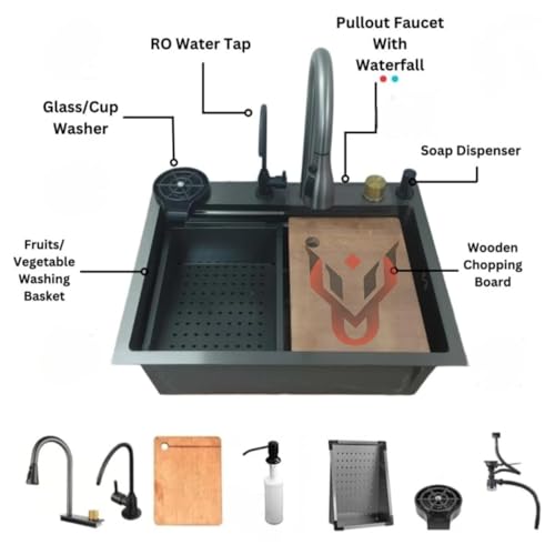 Image of Kitchen Sink 304 Grade Anti Scratch Design with Integrated Waterfall and Pull-Down Faucet Set and All Accessories (All in One (24X18X9))