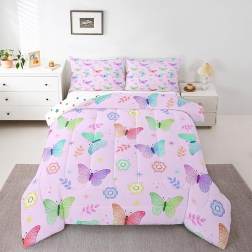 Image of Erosebridal Colorful Butterflies King Size Comforter Set for Kids Teens Adults,Rainbow Gradient Bedding Sets,Cute Cartoon Flower Duvet Insert,Garden Wildlife Quilt Bedroom Decor