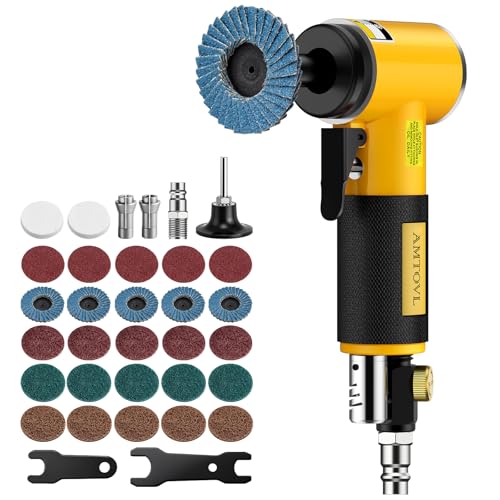 AMTOVL Meuleuse d’Angle Pneumatique 20 000 tr/min 90PSI avec 27 Disques à Changement Rapide Meuleuse à Air Comprimé avec Deux Pinces et Bouton de Vitesse pour Polissage Lissage des Bords Ébavurage