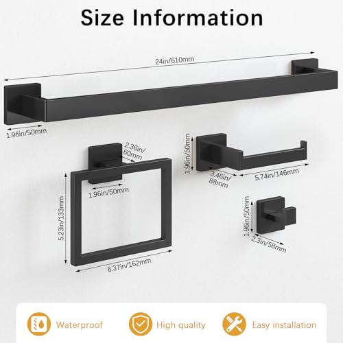 Bathroom Hardware Accessories Set, 10 Piece Black Towel Bar Set Stainless Steel, Towel Racks for Bathroom Wall Mounted Towel Holder Set, 24 inch - image 2