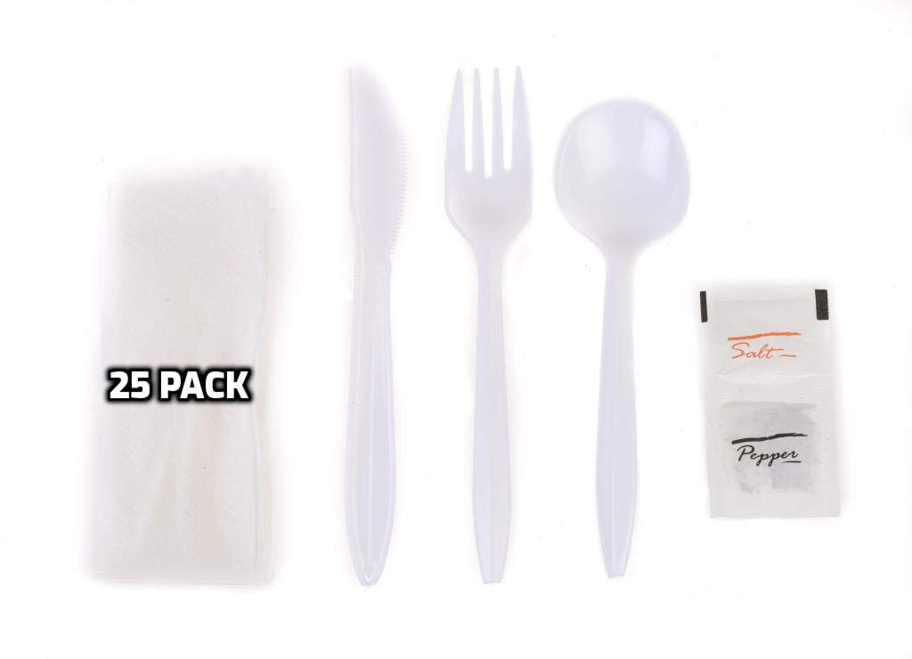 EcoQuality Wrapped Cutlery Kit 6 in 1 - Fork/Spoon/Knife/Napkin/Salt/Pepper - Disposable Cutlery Kit, Perfect for Lunch, Meal Prep, On the Go, To go, Catering and Restaurants (White, Pack of 25)