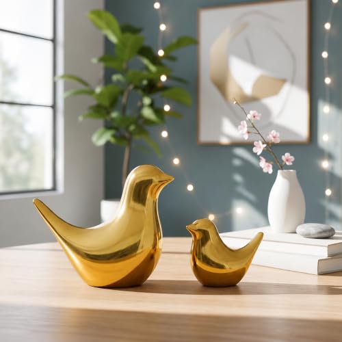 Xtore Ceramic Golden Blessing Birds Figurine for Home Decor | Living Room, Bedroom, Office Desk, Cabinets - (Pack of 2, Golden)