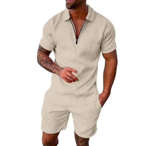 Nuqqichongtian Sportanzug Herren,Herren Trainingsanzug Sommeranzug Sets 2 teilig Freizeitanzug Kurzärmelig Jogginganzug Sportanzug Bequeme Atmungsaktive Fitnessanzug Activewear Streetwear Beige S