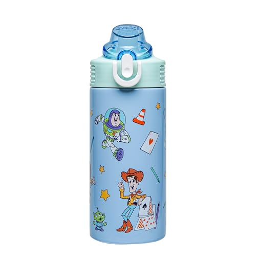 Image of Zak Designs Disney and Pixar Toy Story Sage Kids Water Bottle For School or Travel, 14oz Stainless Steel Water Bottle With Straw, Handle, and Leak-Proof, Pop-Up Spout Cover (Woody, Buzz & Friends)