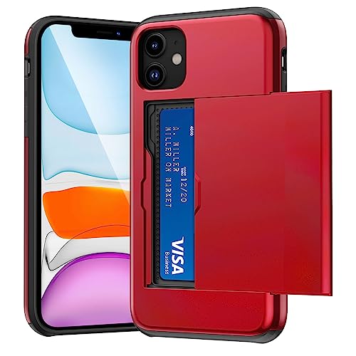 ACOCOBUY for iPhone 11 Case with Card Holder Sliding Cover Hidden Pocket IDs Credit Cards Slot Heavy Duty Shockproof Protective Dual Layer Wallet Phone Cover Back Shell for Men Women 6.1 inch Red