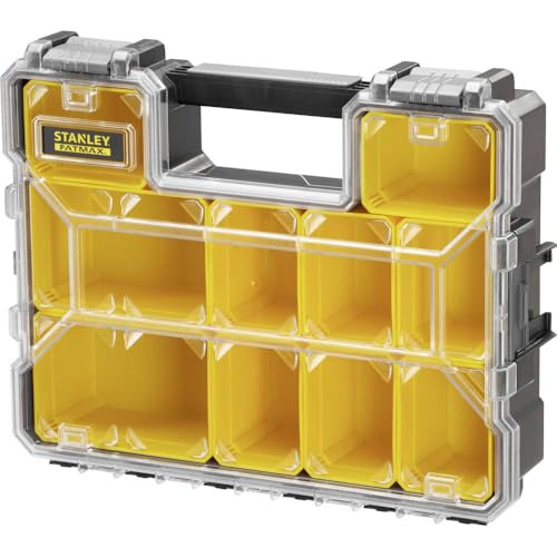 STANLEY FATMAX Waterproof 10-Compartment Deep Professional Tool Organiser, Removable & Stackable Deep Storage Cups with Transparent Lid, for Small Parts and Tools Storage, 1-97-521