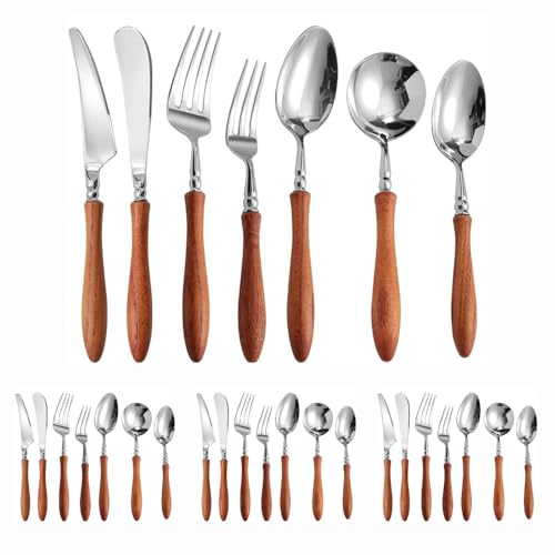 無垢材ハンドル キッチン ステンレススチール 銀食器 テーブルウェア カトラリーセット ステーキナイフ フォーク スプーン ティースプーン,28pcs-B