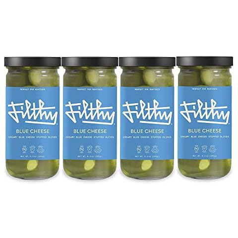Filthy Food Filthy Blue Cheese Stuffed Olives - Premium Martini Garnish - Non-GMO & Gluten Free - 8oz Jar, 4 Count Cover
