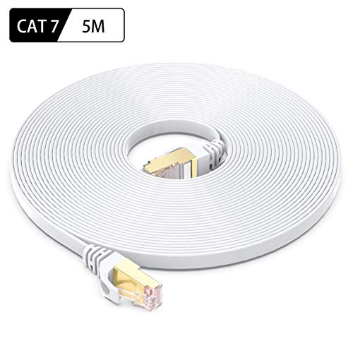 Cable Ethernet Cat7 de 5M, BUSOHE Cable de Red Plano RJ45 Gigabit LAN de Alta Velocidad, Cable de Conexión a Internet de 10Gbps y 600Mhz para Switch, Rúter, Módem, Panel de Conexión, PC (Blanco)
