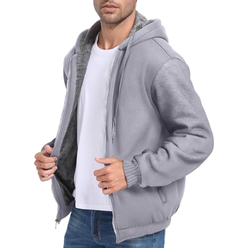 Image of Men's Plush Hoodie Zip-up Outdoor Jacket Fleece-Lined Hooded Long Sleeve Sweaters