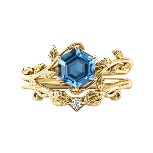 10K 14K 18K Solid Gold Natural Diamond Hexagon Vintage Gemstone Engagement Ring Set Leaf Art Deco Ring Set Hexagon Cut Unique Vine Gemstone Bridal Wedding Ring Set 4~12