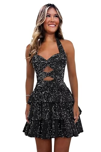 Sparkly Halter Homecoming Dresses 2025 for Teens Sequin Beaded Cocktail Gowns Cut Out Tiered Short Prom Dress