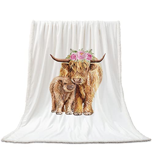 Image of Highland Cow with Baby Sherpa Fleece Throw Blanket Reversible Fuzzy Warm Cozy Throws, Animal Flowers Soft Plush Bed Blankets for Couch