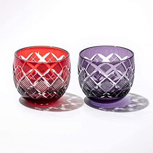 【 太武朗工房 公式 直販 】 江戸切子 矢来魚子紋 ぐい呑 ペア(赤・江戸紫)TB90232RM 木箱入り 日本製