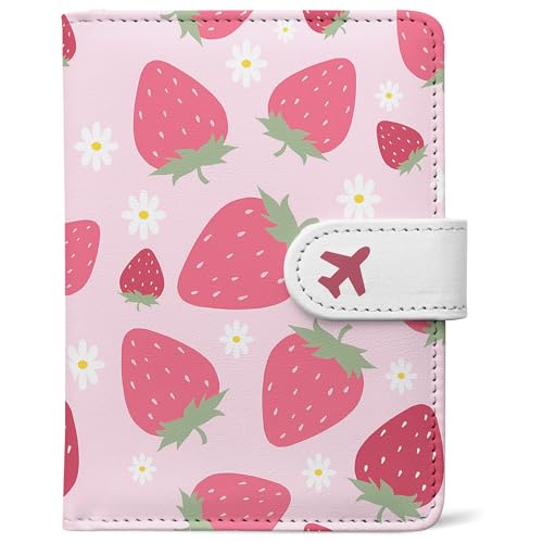 Passport Holder Travel Wallet Cover with Pen Loop | Cute RFID Blocking Leather Case with Magnetic Closure for Travel Essentials-Strawberry
