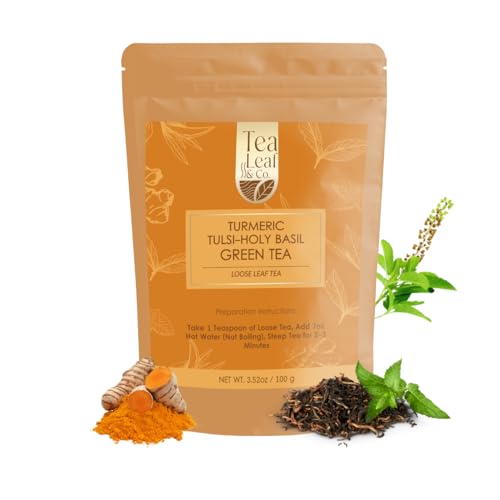 Image of Tealeaf & Co. Turmeric Tulsi Holy Basil Green Tea Loose Leaf - Turmeric, Tulsi & Peppermint Tea Blended with Fresh Herbs & Spices - 50 Servings, Low Caffeine & Gluten Free (3.52oz /100gm)