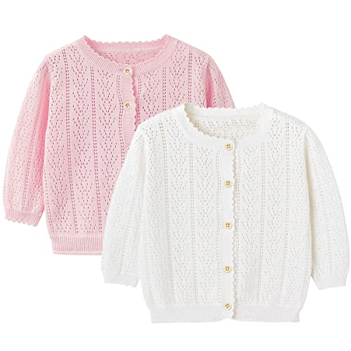 Image of Simplee kids Baby Girl Thin Sweater Solid White Pink Cardigans for Toddler 0-3Years