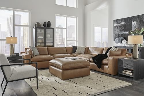Signature Design by Ashley Emilia Modern Modular Leather Match 5-Piece Sectional with Loose Back Cushions and 2 Bolster Pillows, Light Brown