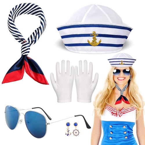 TaleMoon Costume marin pour femme, 5 pièces, ensemble chapeau marin et écharpe rayée, bonnet de marin, fête pour femmes et hommes, accessoire de costume