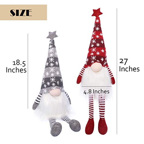EDLDECCO Christmas Gnome with Light Timer 27 Inches Set of 2 Knitted Hat Nisse Figurine Plush Swedish Nordic Tomte Scandinavian Elf X'Mas Holiday Party Home Decor Ornaments (Red & Grey)