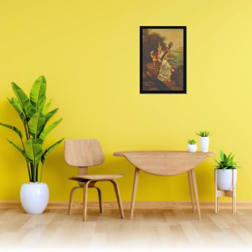 Image of Mad Masters Mata Saraswati Devi Goddess of Knowledge Painting Photo Frame for Living Room, Bedroom, Home Decor and Wall Decoration (MM 1630, 45.7L x 30.5W cm, Canvas, With Plexi Glass)