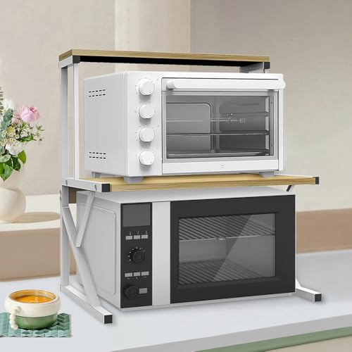 HUOLE Estantería para microtitulares de especias, extensible – Estantería de cocina con patas para microondas, estante metálico de madera y acero, con 3 estantes-65 x 54 x 30 cm