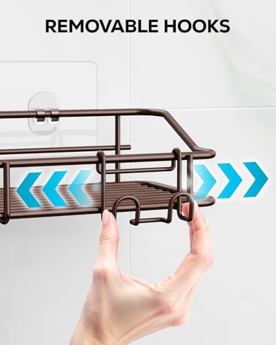 Image of Nieifi Shower Caddy Shelf Storage Adhesive Stainless Steel with Hooks for Washroom, Bathroom, Kitchen - 2 Pack Bronze | Stainless steel, 2 pack, shower rack, shower organization, with hooks, rustproof, no drilling, razor holder, brown