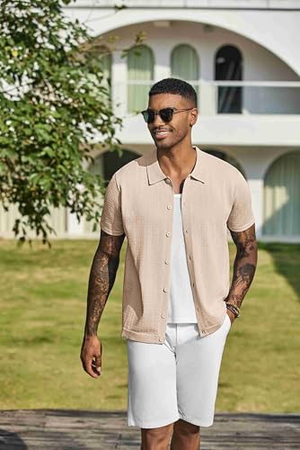 COOFANDY Men's Knit Shirts Short Sleeve Button Down Shirt Casual Summer Beach Shirt4