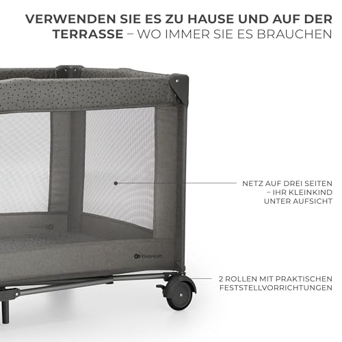 Kinderkraft Joy 2 Kinderbett, 2 in 1 Kinderreisebett, Babybetten, Kinderbett, Reisebett, Modernes Design, Kleine Abmessungen nach Zusammenklappe, Räder, Dunkelgrau